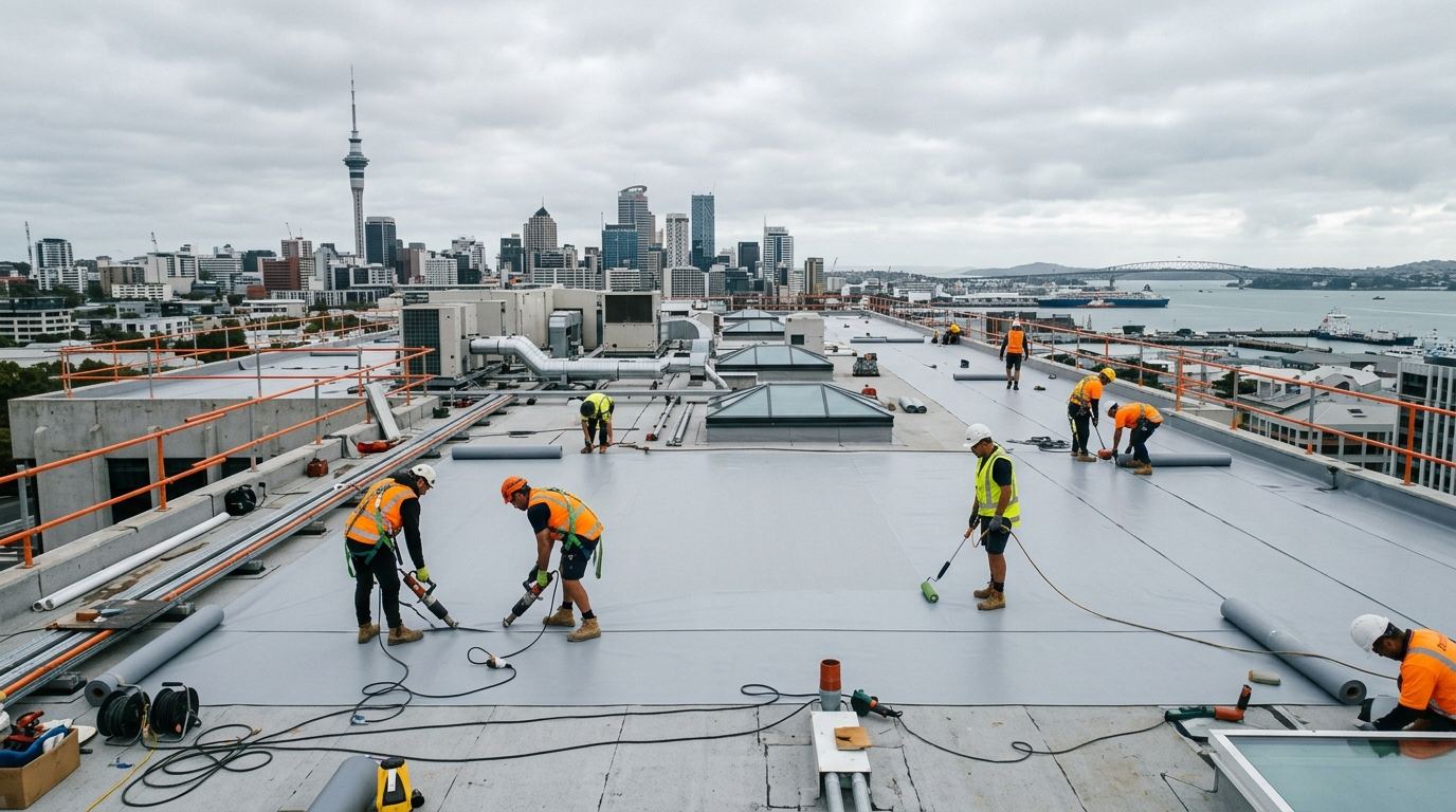 Commercial roofing contractors installing membrane roofing on a building in Auckland CBD with the Sky Tower in the background