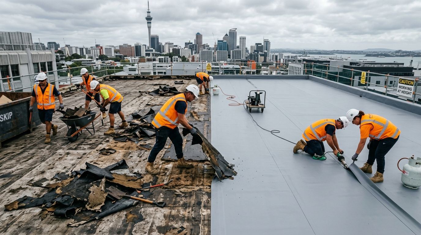 Roofing crew re-roofing a commercial building in Auckland, stripping old membrane and laying new roofing with the city skyline behind