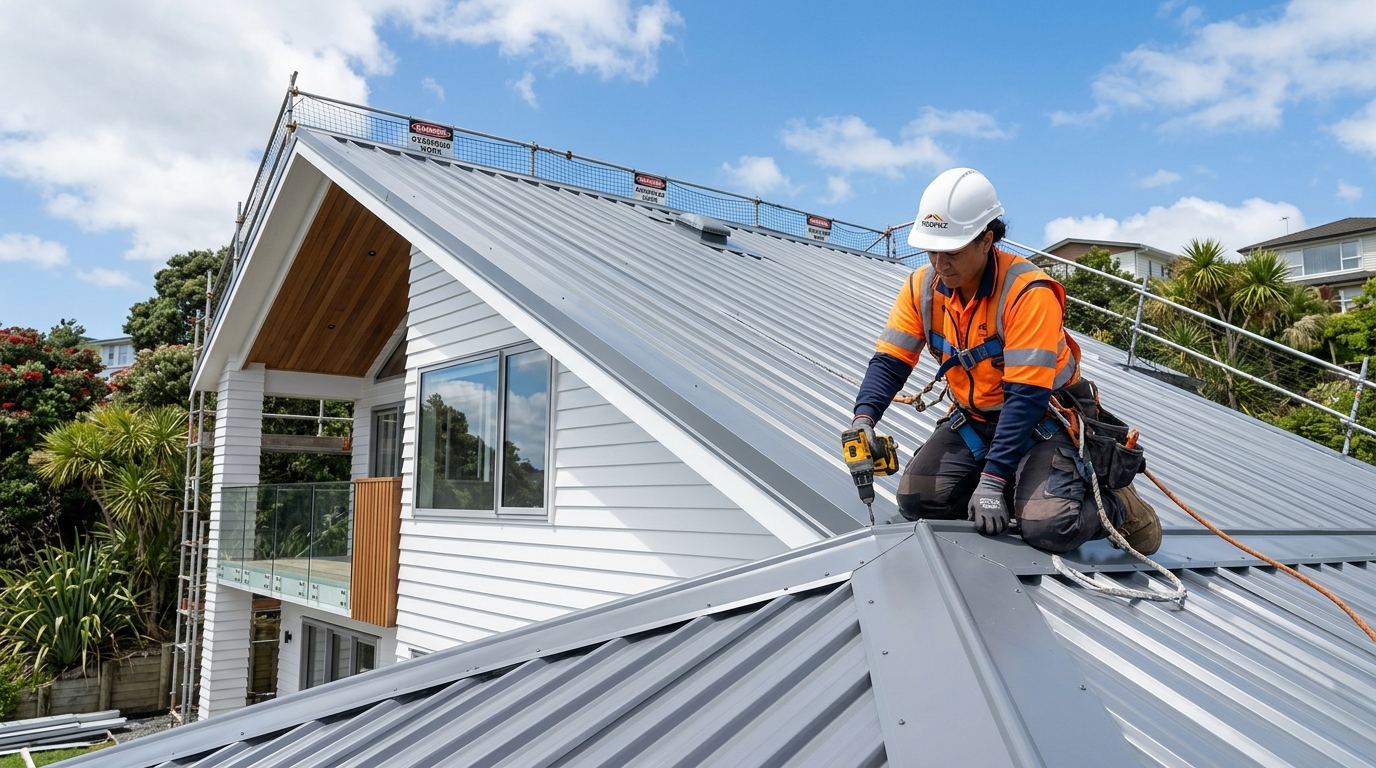 Roofer installing a new long run steel roof on a residential home in Auckland
