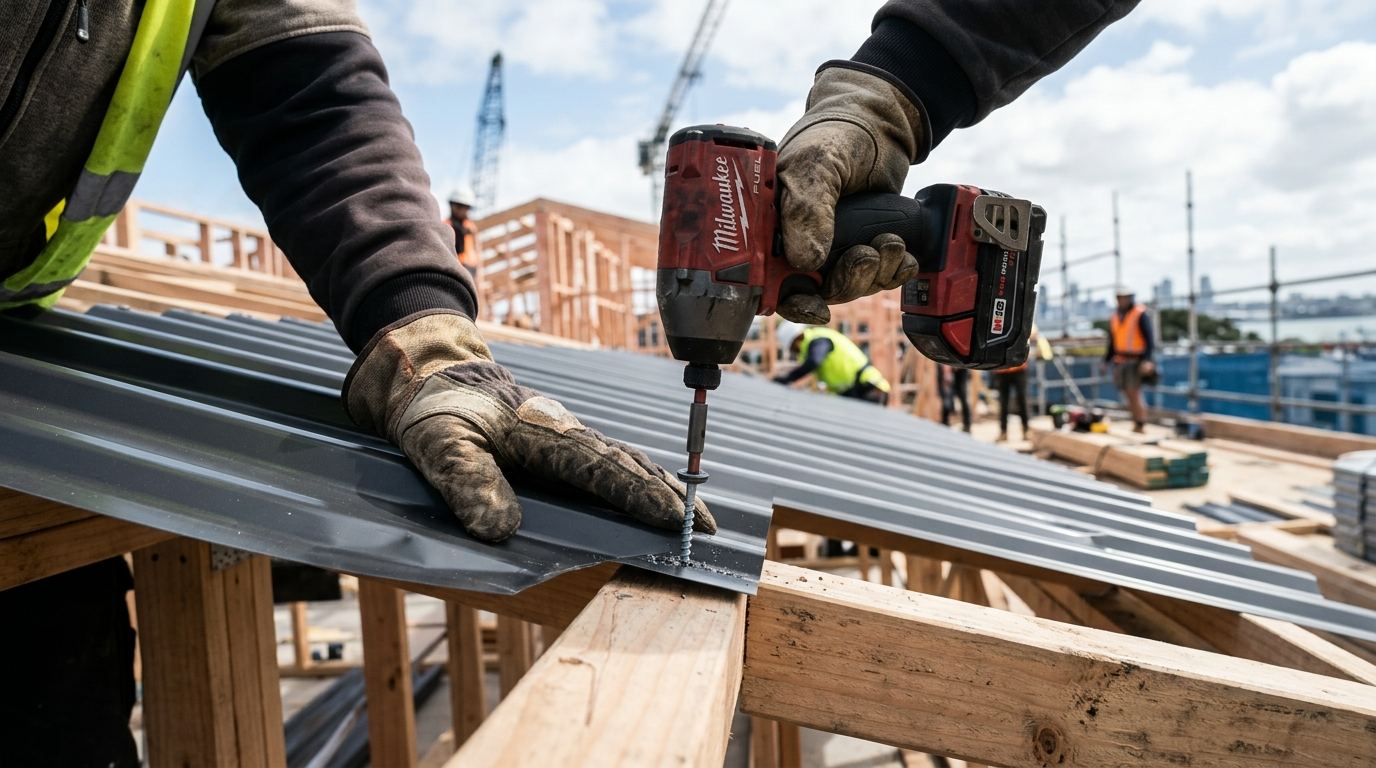 Roofing tradesperson installing new corrugated steel roofing sheets with a drill on an Auckland construction site